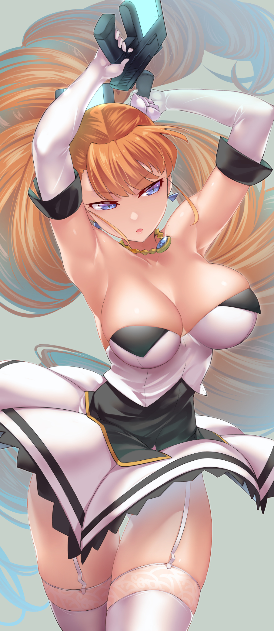 1girl arcana_heart armpits arms_up bangs bare_shoulders blonde_hair breasts cleavage earrings elbow_gloves eyebrows_visible_through_hair garter_straps gloves gun highres holding holding_gun holding_weapon jewelry necklace ono_misao open_mouth petra_johanna_lagerkvist purple_eyes sleeveless solo thighhighs weapon white_gloves white_legwear
