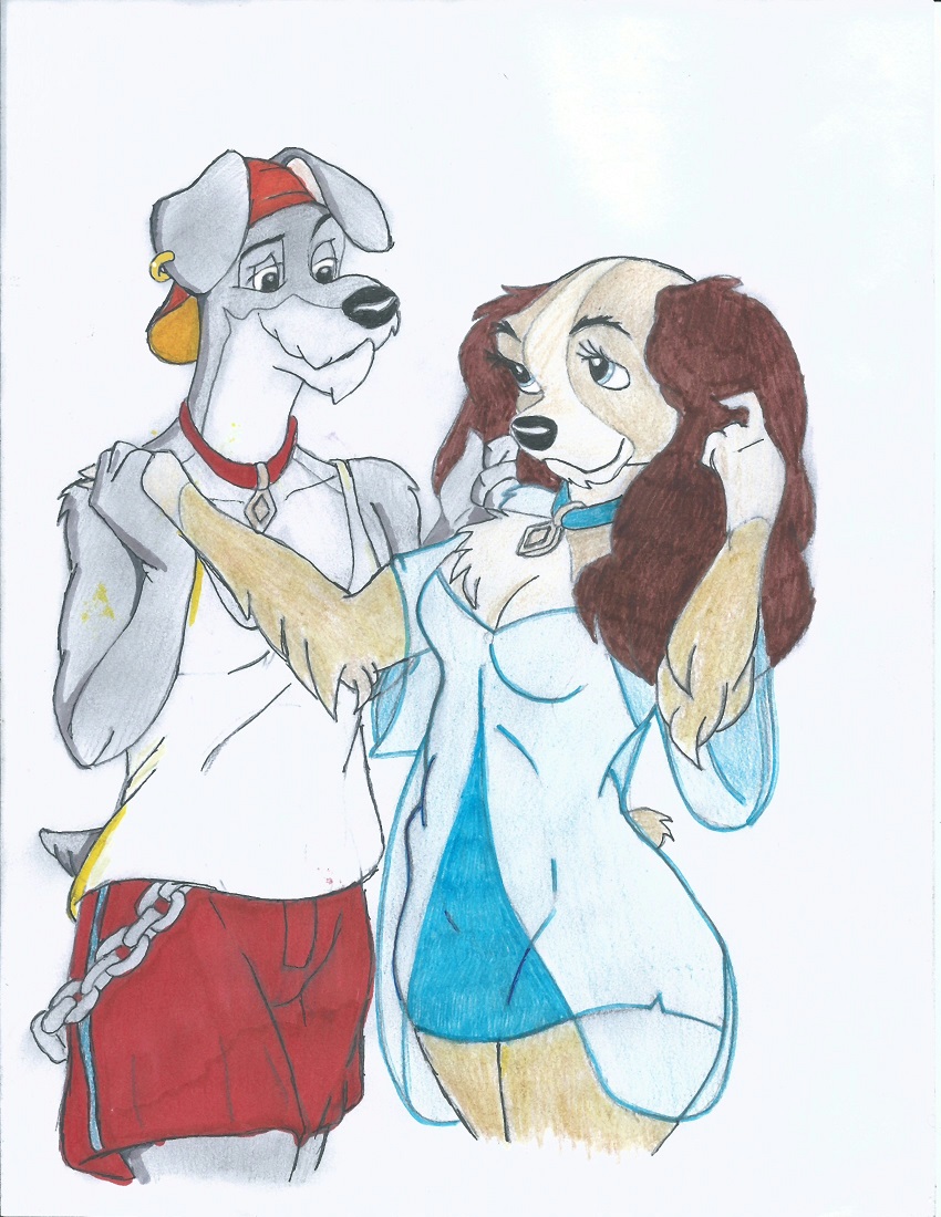 2022 anthro bird_dog blue_eyes bottomwear breasts brown_body brown_fur canid canine canis chain clothing cocker_spaniel collar danellz disney domestic_dog dress duo female fur grey_body grey_fur hat headgear headwear hunting_dog lady_(lady_and_the_tramp) lady_and_the_tramp male mammal multicolored_body multicolored_fur schnauzer shirt shorts simple_background spaniel topwear traditional_media_(artwork) tramp two_tone_body two_tone_fur white_background