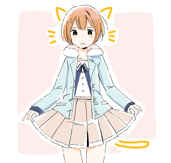 1girl :3 animal_ears bad_drawr_id bad_id bangs beige_skirt blue_jacket blunt_bangs border bright_pupils casual cat_ears cat_tail closed_mouth collarbone collared_shirt cowboy_shot dot_nose drawn_ears drawn_tail drawn_whiskers drawr fake_animal_ears fake_tail fake_whiskers fur-trimmed_jacket fur_trim hair_ornament hairclip hoshizora_rin jacket jaggy_lines light_blush light_smile long_sleeves looking_at_viewer love_live! love_live!_school_idol_project miniskirt oekaki open_clothes open_jacket orange_hair outline outside_border pale_color pink_background pleated_skirt satou_odori shirt short_hair simple_background skirt skirt_hold solo standing straight-on tail whiskers white_border white_outline white_pupils white_shirt wing_collar yellow_eyes