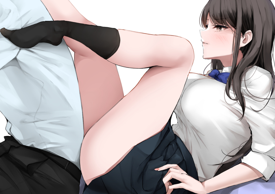 1boy 1girl banned_artist black_hair bow breasts brown_eyes fay_(fay_axl) large_breasts original pleated_skirt school_uniform shirt skirt thighs white_background white_shirt