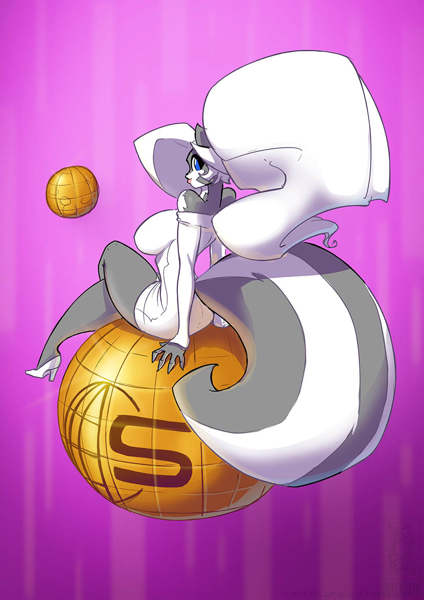 anthro big_breasts breasts chloe_sinclaire clothed clothing conditional_dnp crossed_legs dress female high_heels jollyjack looking_at_viewer looking_back mammal mephitid off_shoulder sitting skunk solo