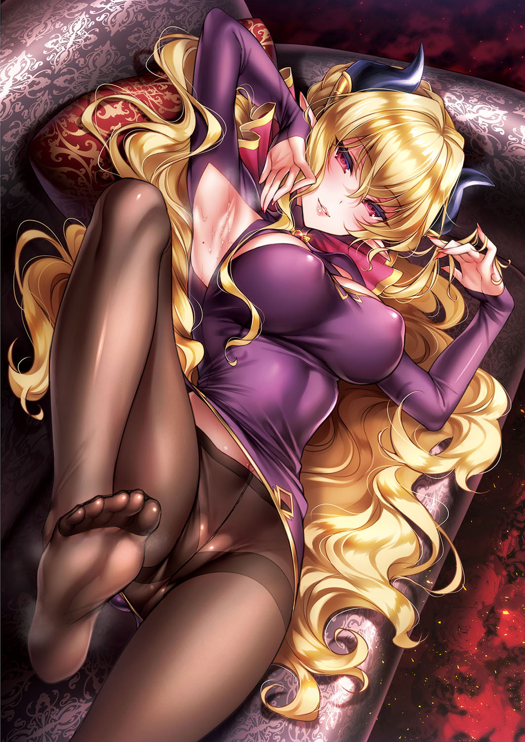 1girl armpit_cutout armpits blonde_hair blush breasts brown_legwear clothing_cutout couch covered_nipples demon_horns foot_up hair_spread_out hair_twirling hands_up highres hizuki_akira horn_ornament horns large_breasts long_hair long_sleeves looking_at_viewer lying mole mole_on_armpit on_couch original pantyhose pillow pink_eyes purple_shirt seductive_smile shirt smile soles solo thighband_pantyhose very_long_hair