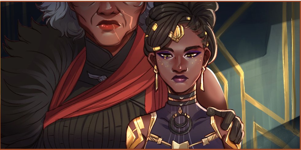 2girls ambessa_medarda arcane:_league_of_legends armor bangs bare_shoulders bekkomi black_jacket brown_eyes brown_hair closed_mouth covered_collarbone dark-skinned_female dark_skin earrings facing_viewer grey_hair hairlocs hand_on_another's_shoulder head_out_of_frame height_difference jacket jewelry league_of_legends looking_at_viewer medium_hair mel_medarda mother_and_daughter multiple_girls red_scarf scarf shiny shiny_skin short_hair