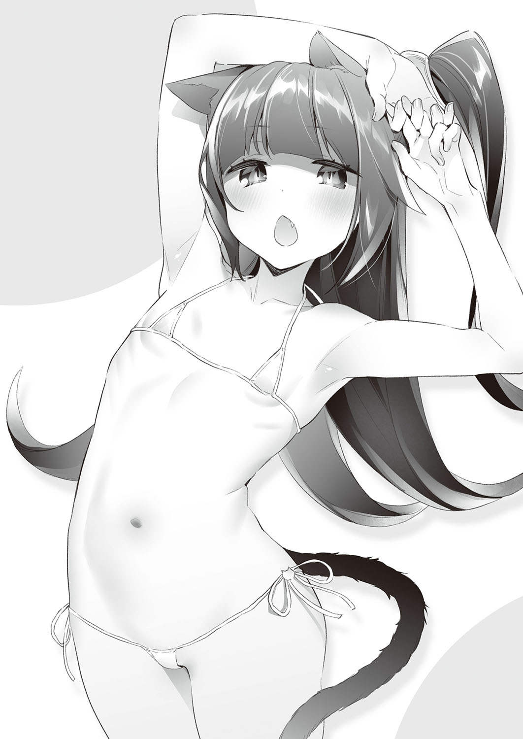 1girl animal_ears armpits bikini blush cat_ears cat_tail cowboy_shot dot_nose fang flat_chest greyscale hands_up highres hizuki_akira leaning_to_the_side looking_at_viewer micro_bikini monochrome navel one_side_up open_mouth original side-tie_bikini solo standing stretch swimsuit tail