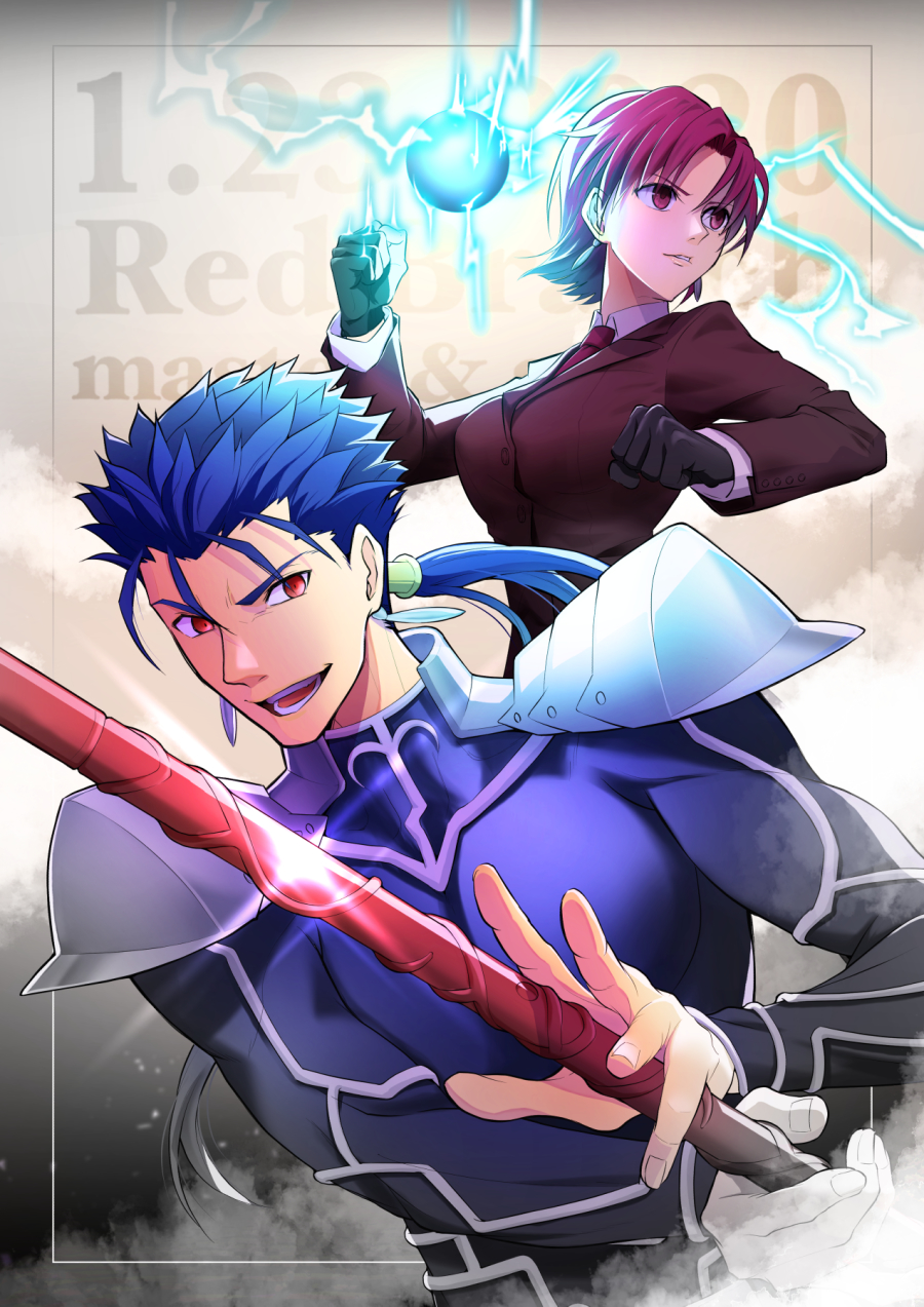 1boy 1girl :d armor bazett_fraga_mcremitz black_gloves blue_bodysuit blue_hair bodysuit clenched_hand cu_chulainn_(fate) cu_chulainn_(fate/stay_night) earrings fate/hollow_ataraxia fate_(series) formal fragarach_(fate) gae_bolg_(fate) gloves grey_background hair_strand highres holding holding_polearm holding_weapon jewelry kassan_(kassan_5a) long_hair looking_at_viewer looking_away necktie open_mouth pant_suit pauldrons polearm ponytail red_eyes red_hair red_necktie short_hair shoulder_armor smile suit upper_body weapon