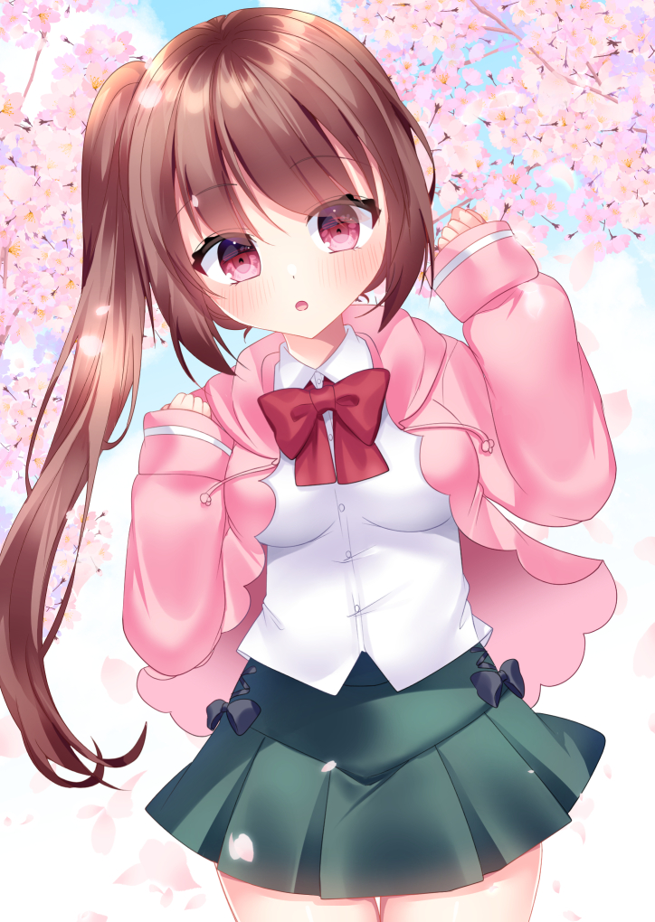1girl :o black_bow blush bow brown_hair clip_studio_paint_(medium) commentary_request drawstring flower green_skirt hands_up hood hood_down hooded_jacket jacket long_hair long_sleeves looking_at_viewer misaki_(misaki86) open_clothes open_jacket original parted_lips petals pink_flower pink_jacket pleated_skirt red_bow red_hair side_ponytail sidelocks skirt sleeves_past_wrists solo very_long_hair