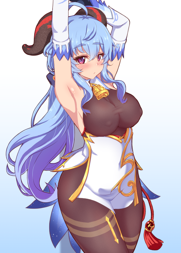 1girl ahoge armpits arms_up bell blue_background blue_hair breasts brown_bodysuit closed_mouth covered_nipples cowbell detached_sleeves eyebrows_visible_through_hair ganyu_(genshin_impact) genshin_impact goat_horns gradient gradient_background horns ikue_fuuji large_breasts long_hair looking_at_viewer red_eyes solo thick_eyebrows
