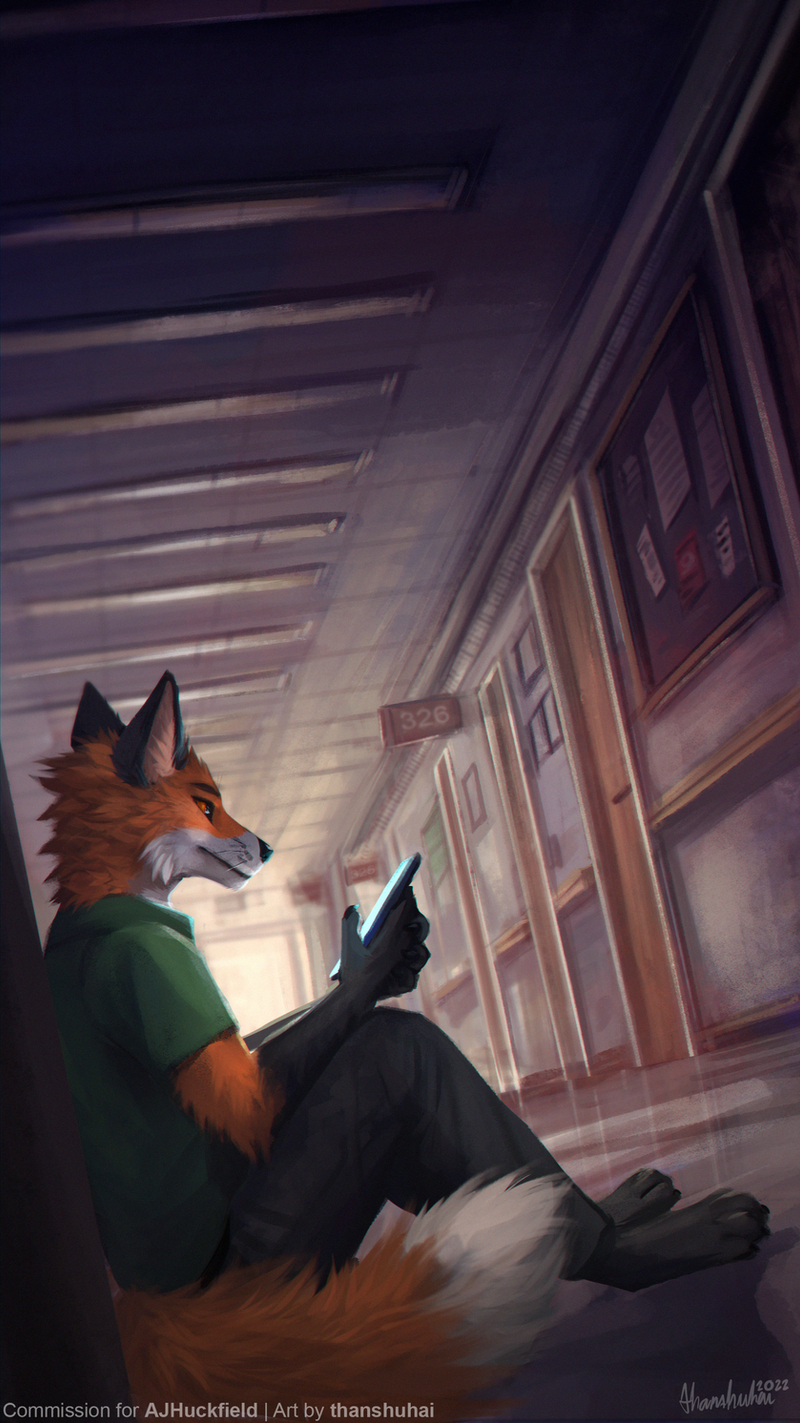 2022 5_fingers 9:16 anthro canid canine clothed clothing detailed_background digital_media_(artwork) eyebrows eyelashes feet fingers fox hi_res male mammal sitting solo thanshuhai toes