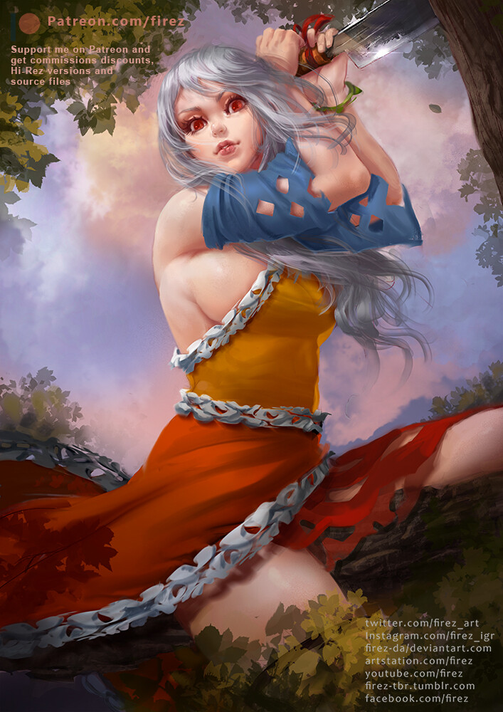 1girl bangs bare_shoulders breasts cleaver cloud day detached_sleeves dress firez from_below hands_up holding holding_weapon in_tree large_breasts lips long_hair looking_at_viewer nose nostrils orange_dress outdoors overcast parted_lips red_eyes sakata_nemuno short_sleeves sideboob silver_hair single_strap solo swept_bangs touhou tree weapon yellow_dress