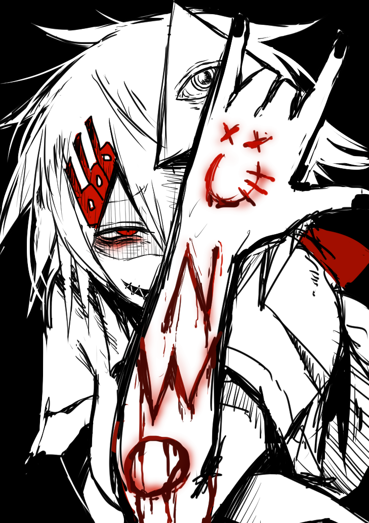 1boy 666 \m/ bags_under_eyes black_background black_nails blood greyscale horror_(theme) illuminati itosiki_zetu messy_hair monochrome original red_eyes self_harm short_hair simple_background solo spot_color stitched_mouth stitches upper_body white_hair