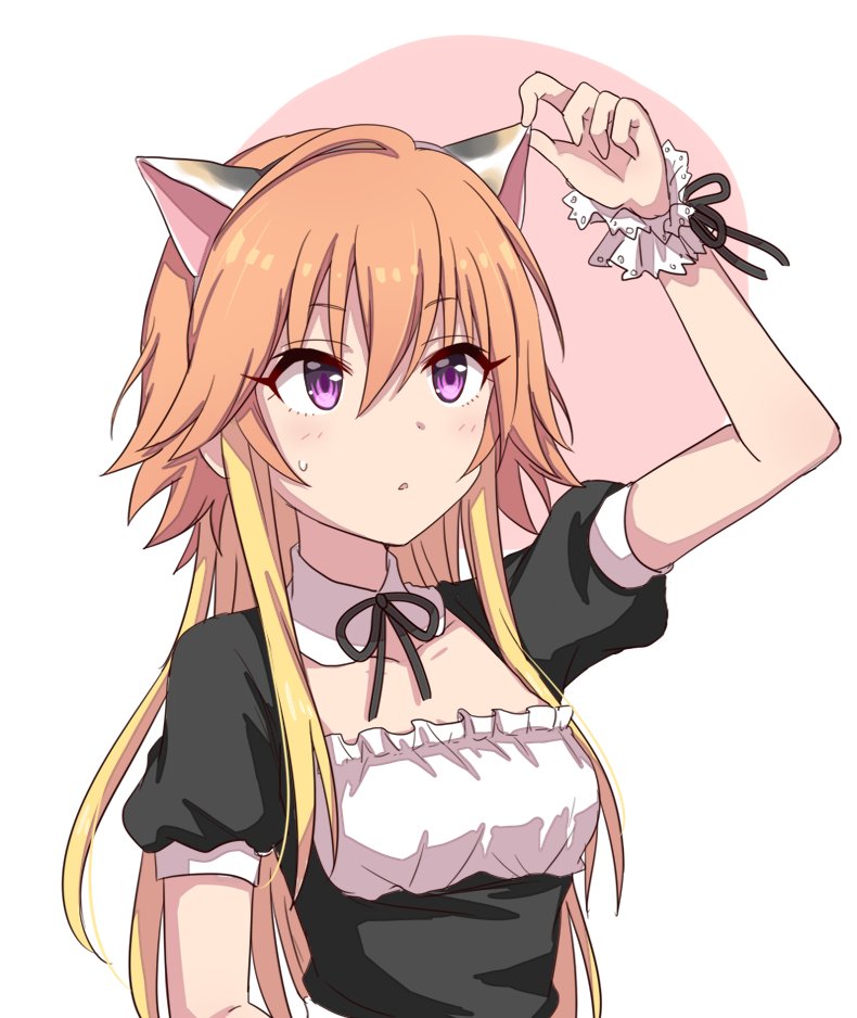 2_nostg animal_ears blonde_hair blush breasts cat_ears collarbone detached_collar eyebrows_visible_through_hair fake_animal_ears idolmaster idolmaster_cinderella_girls light_brown_hair long_hair looking_up maid ninomiya_asuka open_mouth puffy_short_sleeves puffy_sleeves purple_eyes ribbon short_sleeves simple_background small_breasts solo touching_ears upper_body wrist_cuffs