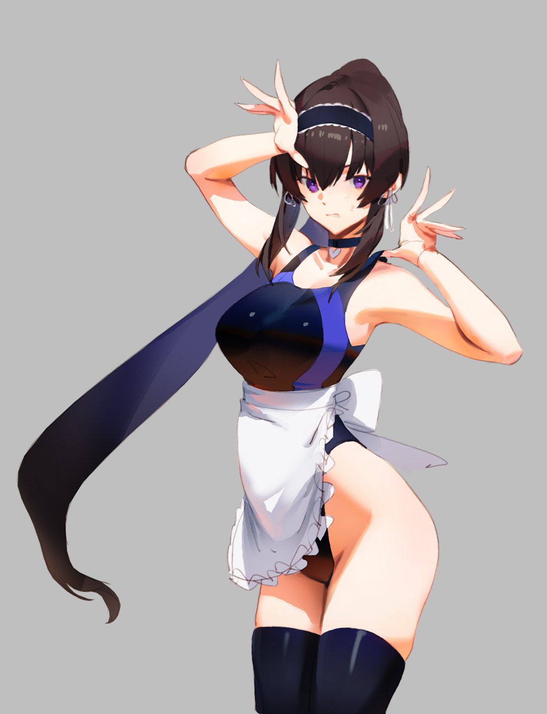 1girl apron armpits ass bare_arms bare_shoulders breasts brown_hair cleavage closed_mouth cowboy_shot earrings english_commentary frilled_apron frilled_hairband frills grey_background hairband hands_up highleg highleg_swimsuit highres jewelry long_bangs long_hair looking_at_viewer medium_breasts olys original petite purple_eyes simple_background solo swimsuit thighhighs