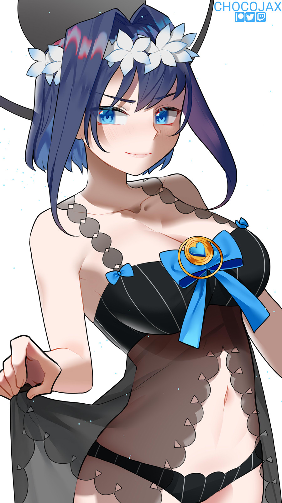 1girl alternate_costume artist_name babydoll blue_eyes blue_hair blush breasts chocojax cleavage collarbone cowboy_shot ears hair_intakes halo head_wreath highres hololive hololive_english large_breasts lingerie looking_at_viewer navel ouro_kronii ribbon see-through short_hair simple_background smile solo underwear white_background