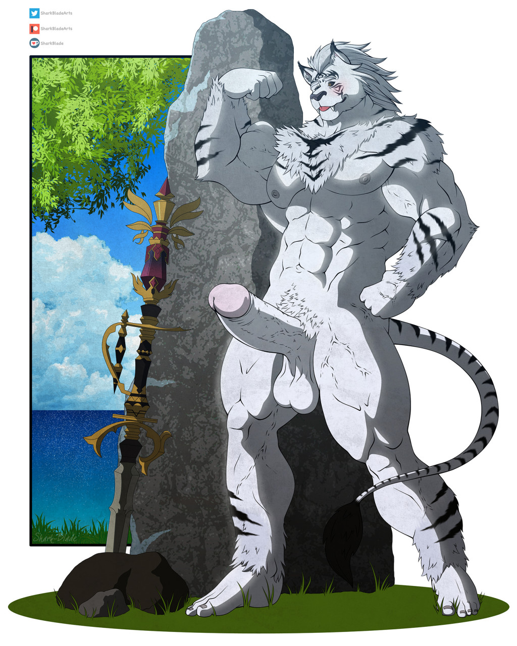 abs anthro balls barefoot biceps black_eyes blush body_hair casual_erection casual_nudity chest_hair deneb_(noble324) detailed_background domestic_cat erection feet felid feline felis final_fantasy final_fantasy_xiv fist flexing flexing_bicep flexing_biceps fur genitals hi_res hrothgar humanoid_feet humanoid_genitalia humanoid_penis male mammal muscular muscular_anthro muscular_male nature navel nipples nude obliques outside pecs penis plant pubes quads rock shark-blade solo solo_focus square_enix tongue tongue_out tree vein veiny_penis video_games weapon white_balls white_body white_fur