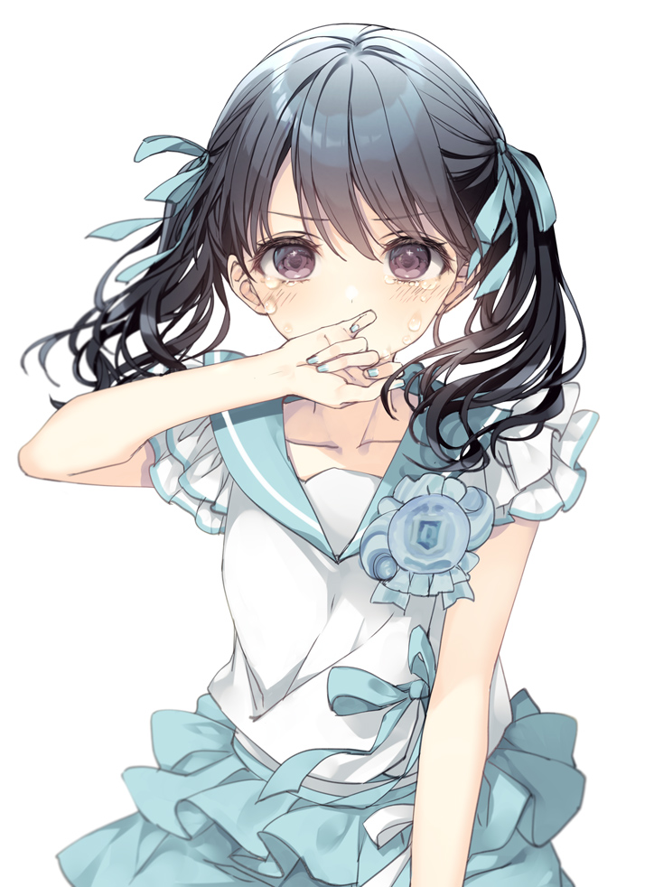 1girl black_hair blue_skirt blush collarbone covered_mouth fukumaru_koito hair_ribbon idol idolmaster idolmaster_shiny_colors inugami_kira looking_at_viewer nail_polish ribbon sailor_collar sailor_shirt shirt simple_background skirt solo teardrop tears twintails two-tone_shirt upper_body wavy_hair white_background