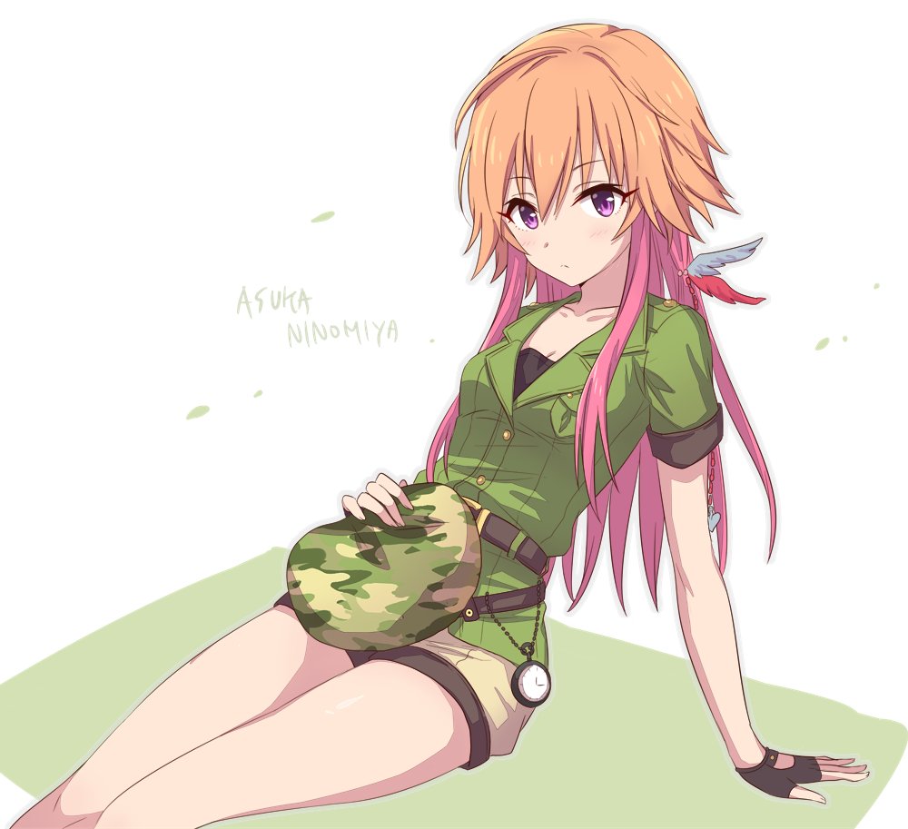 2_nostg beige_shorts belt beret black_belt black_gloves blush breasts camouflage camouflage_headwear character_name cleavage collarbone commentary_request expressionless eyebrows_visible_through_hair fingerless_gloves gloves green_shirt hair_ornament hat idolmaster idolmaster_cinderella_girls legs light_brown_hair long_hair looking_at_viewer multicolored_hair ninomiya_asuka pocket_watch purple_hair shirt short_sleeves shorts sitting small_breasts solo two-tone_hair watch white_background