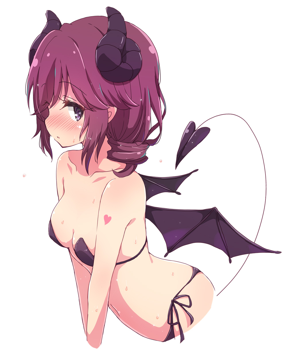 1girl bikini black_bikini breasts cleavage closed_mouth commentary_request curled_horns demon_girl demon_horns demon_tail demon_wings drill_hair heart heart_tattoo highres horns looking_at_viewer machikado_mazoku mel_(melty_pot) navel purple_eyes purple_hair short_hair side-tie_bikini simple_background small_breasts solo sweat swimsuit tail tattoo white_background wings yoshida_ryouko