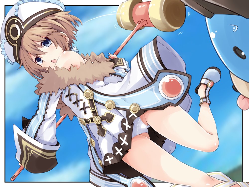 1girl bare_shoulders blanc_(neptune_series) blue_eyes blush brown_hair cloud coat dogoo dress focused goddess hammer hat holding holding_weapon iwashi_dorobou_-r- legs long_sleeves looking_at_viewer medium_hair neptune_(series) open_mouth panties sandals short_hair skirt sky sleeves solo spaghetti_strap underwear war_hammer weapon white_coat white_dress white_headwear white_panties