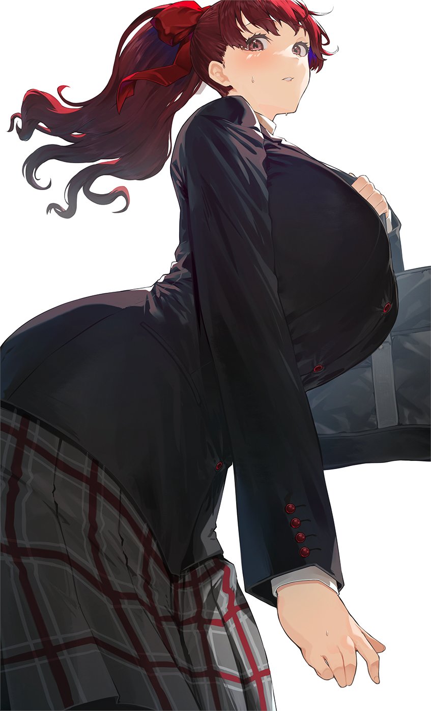 1girl alternate_breast_size bag bangs blazer blush bow breasts coat commentary_request from_below from_side gigantic_breasts hair_bow hair_ribbon highres jacket long_hair long_sleeves looking_at_viewer neshia_(tsaqif0309) persona persona_5 persona_5_the_royal plaid plaid_skirt pleated_skirt ponytail red_bow red_hair red_ribbon ribbon school_uniform shirt shuujin_academy_uniform simple_background skirt solo white_background yoshizawa_kasumi