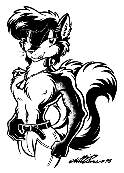 1998 anthro antti_remes bedroom_eyes black_and_white dog_tags male mammal mephitid monochrome muscular muscular_male narrowed_eyes seductive shirtless skunk solo traditional_media_(artwork)