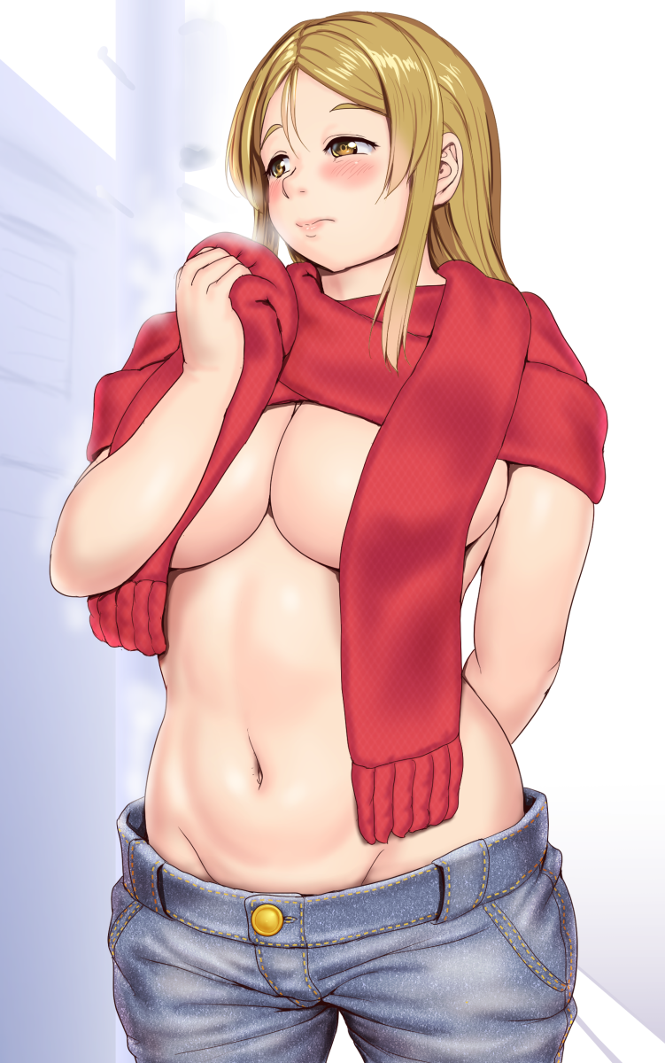 1girl arm_behind_back arm_up bangs blonde_hair blue_background blush breasts buttons cleavage commentary_request cowboy_shot denim hair_between_eyes half-closed_eyes highres holding holding_clothes holding_scarf lips long_hair looking_to_the_side navel original orizen red_neckwear red_scarf scarf sidelocks solo white_background yellow_eyes