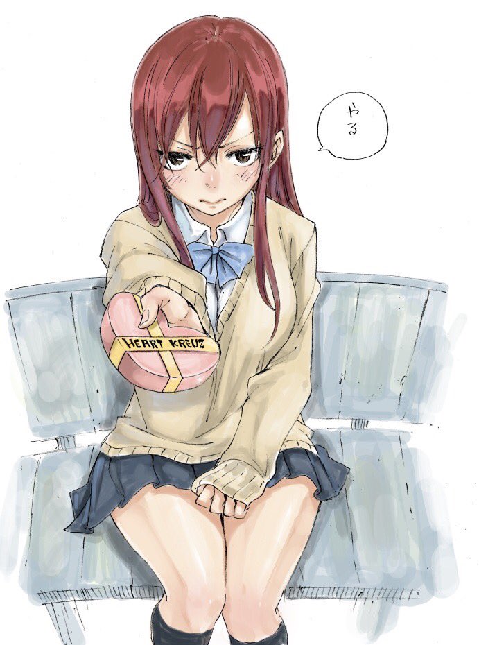 1girl bench black_legwear blush bow box breasts brown_eyes contemporary erza_scarlet fairy_tail gift gift_box heart heart-shaped_box incoming_gift kneehighs large_breasts long_hair long_sleeves mashima_hiro pleated_skirt red_hair school_uniform sitting skirt sleeves_past_wrists solo speech_bubble sweater valentine