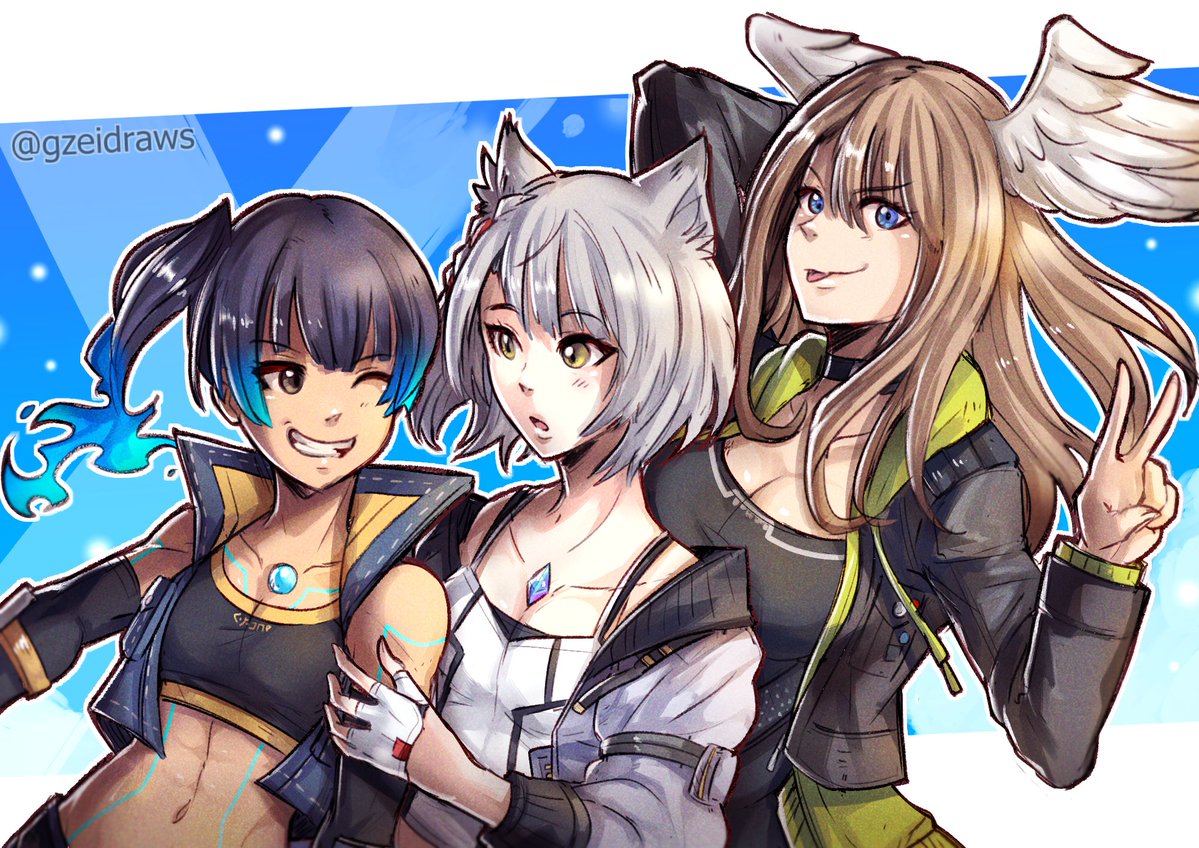 3girls abs animal_ears bangs black_bodysuit black_choker black_jacket blue_eyes blush bodysuit breast_tattoo breasts camisole cat_ears chest_jewel choker cleavage collarbone eunie_(xenoblade) eyebrows_visible_through_hair fiery_hair glowing_lines gzei head_wings jacket large_breasts long_hair looking_at_viewer mio_(xenoblade) multicolored_hair multiple_girls navel one_eye_closed open_clothes open_jacket sena_(xenoblade) short_hair simple_background skirt small_breasts smile sports_bra tank_top tattoo v white_hair white_jacket white_skirt white_tank_top white_wings wings xenoblade_chronicles_(series) xenoblade_chronicles_3 yellow_eyes