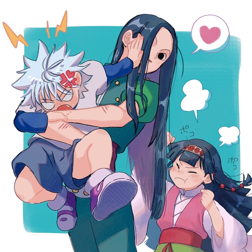 alluka_zoldyck anger_vein annoyed black_eyes black_hair brother_and_sister brothers hug hug_from_behind hunter_x_hunter illumi_zoldyck killua_zoldyck layered_sleeves long_hair long_sleeves scratches short_over_long_sleeves short_sleeves siblings thicopoyo white_hair