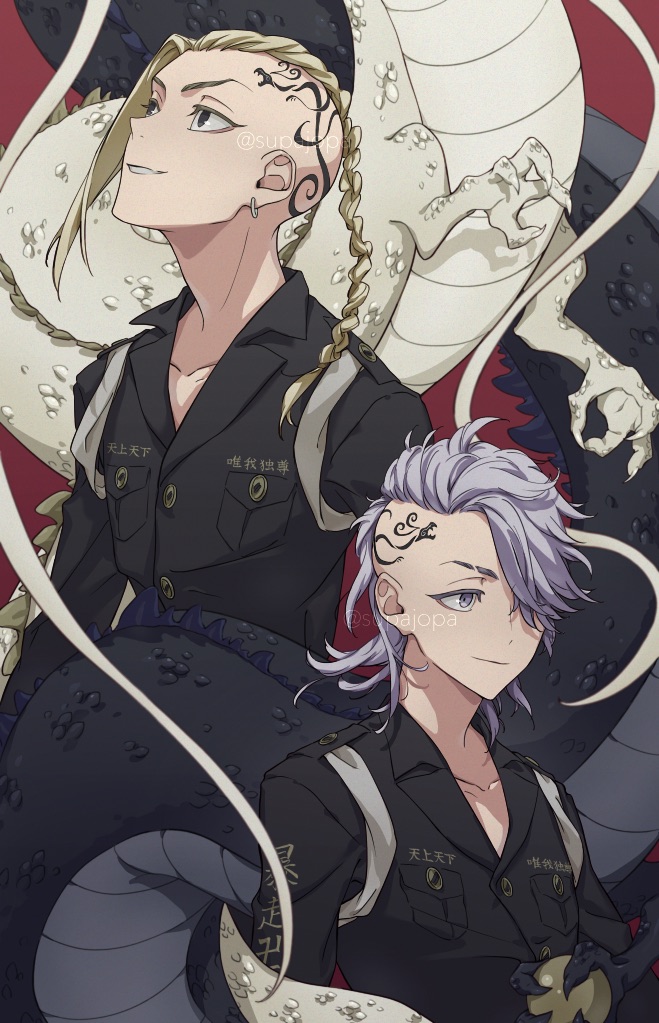 2boys asymmetrical_hair bangs black_eyes black_jacket braid braided_ponytail closed_mouth collarbone dragon dragon_tattoo earrings eastern_dragon grey_eyes hair_over_one_eye hua_(supa_jopa) jacket jewelry long_hair looking_away male_focus mitsuya_takashi multiple_boys parted_lips purple_hair red_background ryuuguuji_ken single_braid single_earring smile tattoo tokyo_revengers twitter_username upper_body