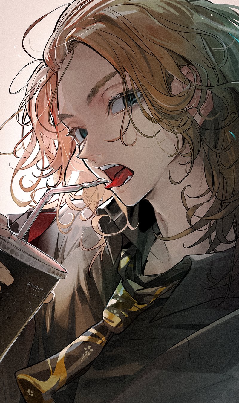 1boy black_eyes black_jacket black_necktie black_neckwear black_shirt blonde_hair collared_shirt cup highres holding holding_cup jacket long_hair looking_at_viewer male_focus miyuki_nknk necktie open_mouth sano_manjirou shirt simple_background solo tokyo_revengers tongue tongue_out white_background