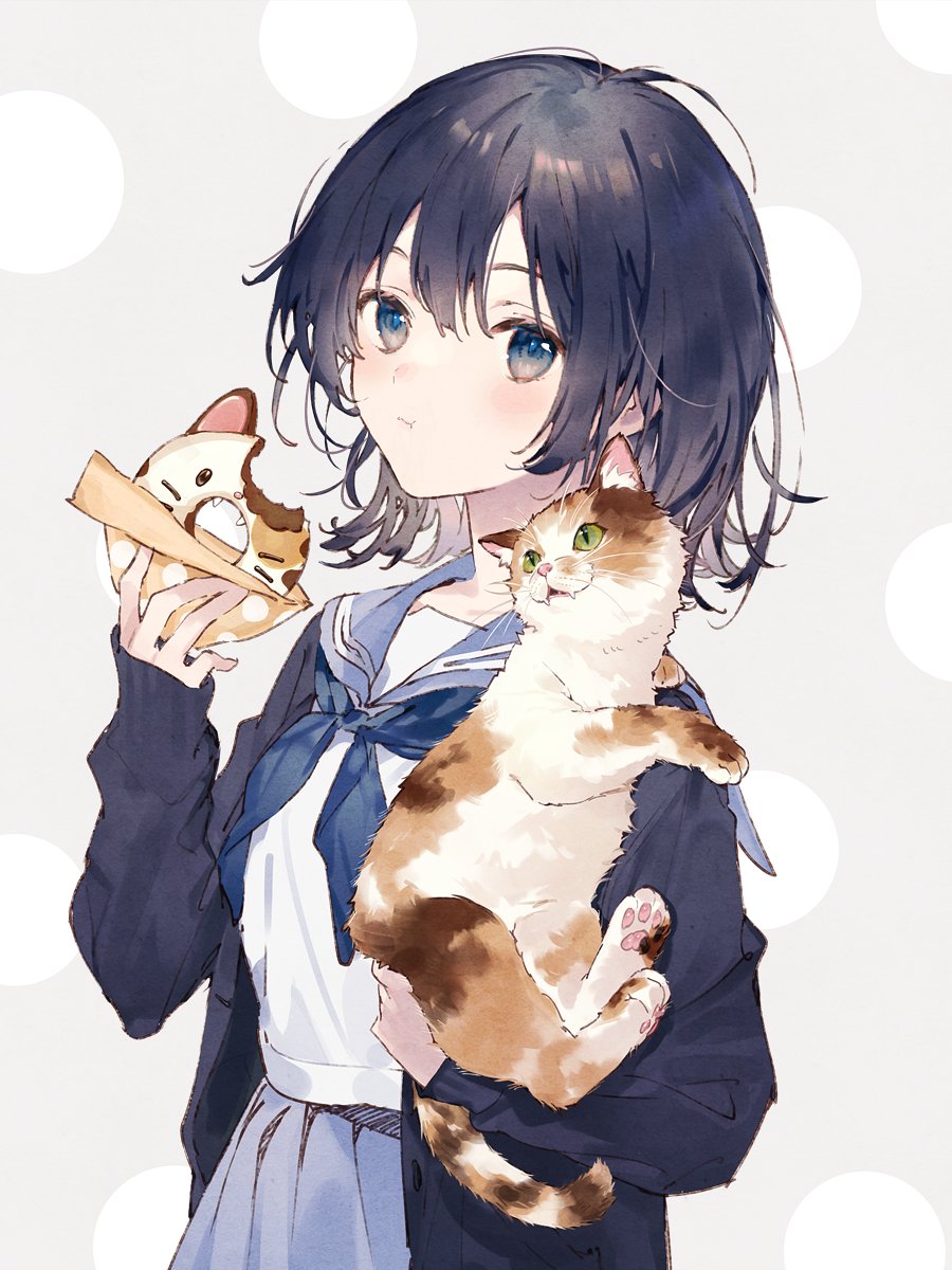 1girl animal bangs black_eyes black_hair blush cat cat_day doughnut eating food highres holding holding_animal holding_cat horiizumi_inko long_sleeves looking_at_viewer original school_uniform short_hair simple_background skirt