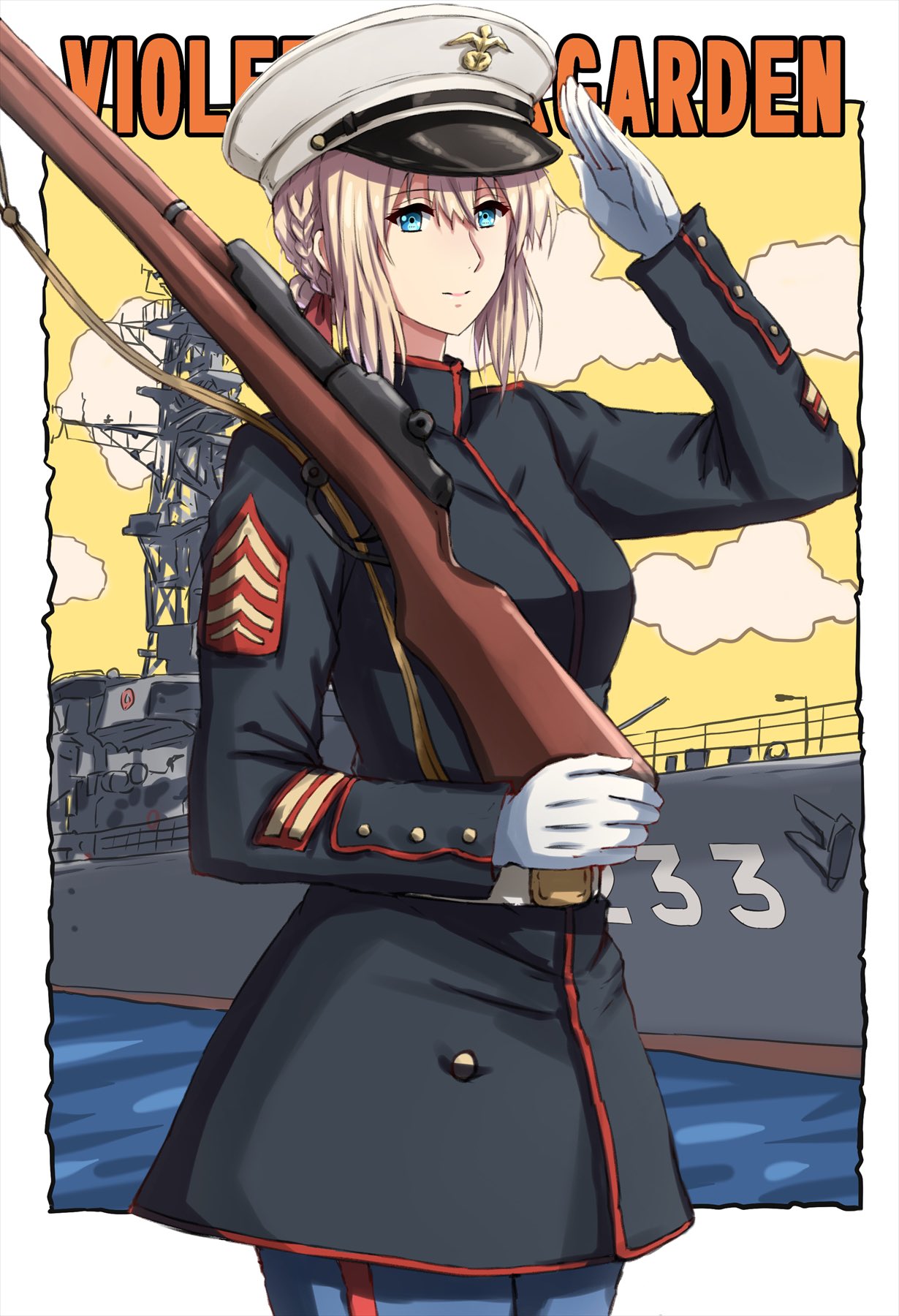 1girl battleship blonde_hair blue_eyes blue_jacket blue_pants closed_mouth derivative_work dress_uniform english_text gloves gun hair_between_eyes hat highres holding holding_weapon insignia jacket japanese_flag looking_at_viewer looking_to_the_side m1_garand military military_hat military_vehicle omachi_(slabco) pants rifle salute ship smile solo violet_evergarden violet_evergarden_(series) warship water watercraft weapon white_gloves white_headwear