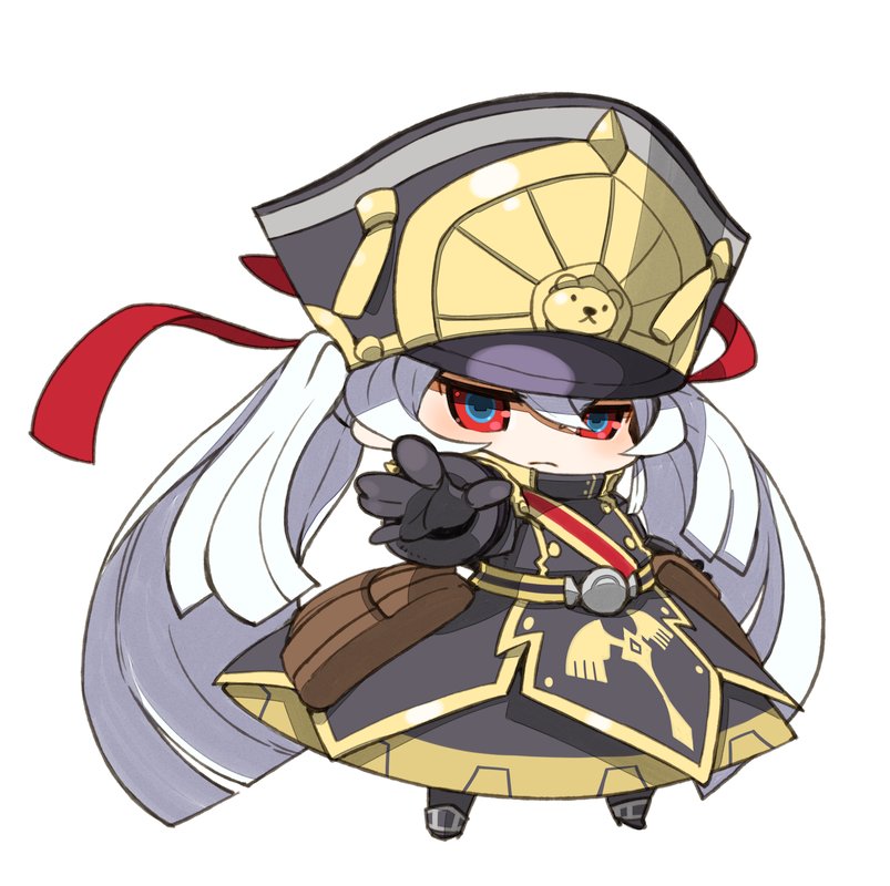 1girl altair_(re:creators) chibi closed_mouth full_body gloves hat long_hair looking_at_viewer military military_uniform mota navel re:creators red_eyes shako_cap simple_background solo uniform white_background white_hair