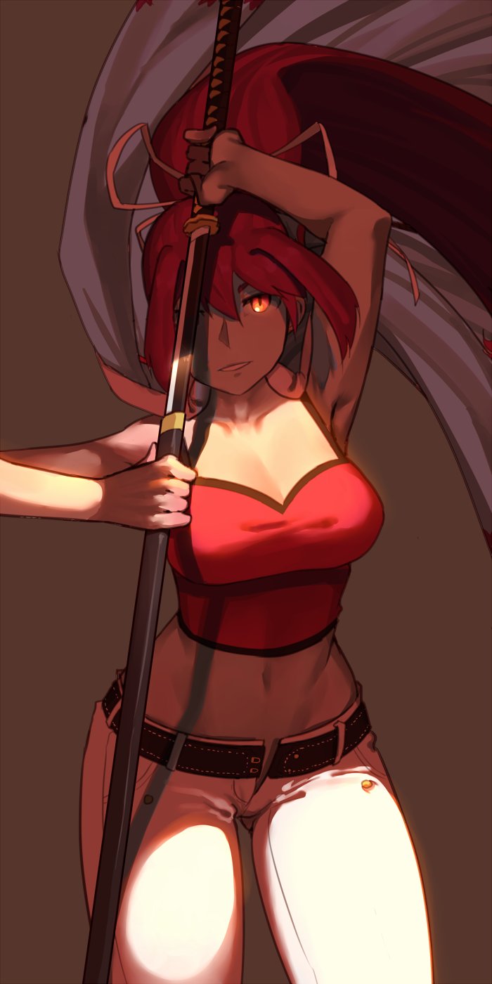 1girl arm_up armpits bangs breasts camisole cleavage clothing_cutout collarbone crop_top glowing glowing_eye hair_between_eyes hair_intakes hair_ribbon highres holding holding_weapon katana large_breasts long_hair midriff navel pants parted_lips ponytail purple_hair red_camisole red_eyes ribbon shaded_face shadow sheath shiny smile solo sunlight suwaiya sword under_night_in-birth unsheathing very_long_hair weapon yuzuriha_(under_night_in-birth)