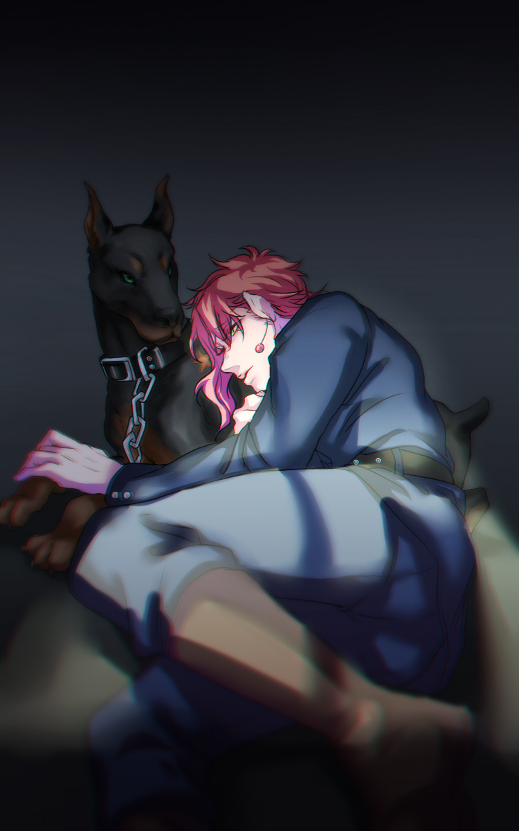 animalization boots chain chain_leash doberman dog earrings hat highres jewelry jojo_no_kimyou_na_bouken kakyoin_noriaki kujo_jotaro leash less_end long_coat lying military military_uniform on_side red_hair stardust_crusaders uniform