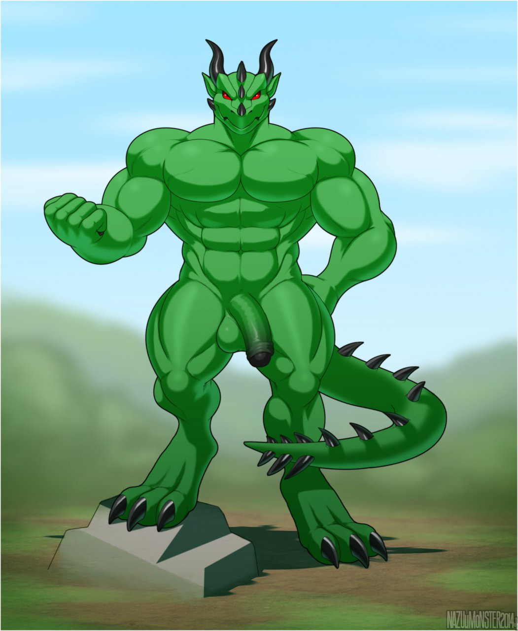 abs anthro avoid_posting balls biceps big_muscles casual_nudity dragon feet fist flaccid foreskin genitals green_body green_scales happy hi_res humanoid_genitalia humanoid_penis ing_at_viewer looking_at_viewer male muscular muscular_anthro muscular_male navel nazuu-m0nster non-mammal_navel nude outside pecs penis red_eyes reptile scales scalie smile solo solo_focus varanis_blackclaw