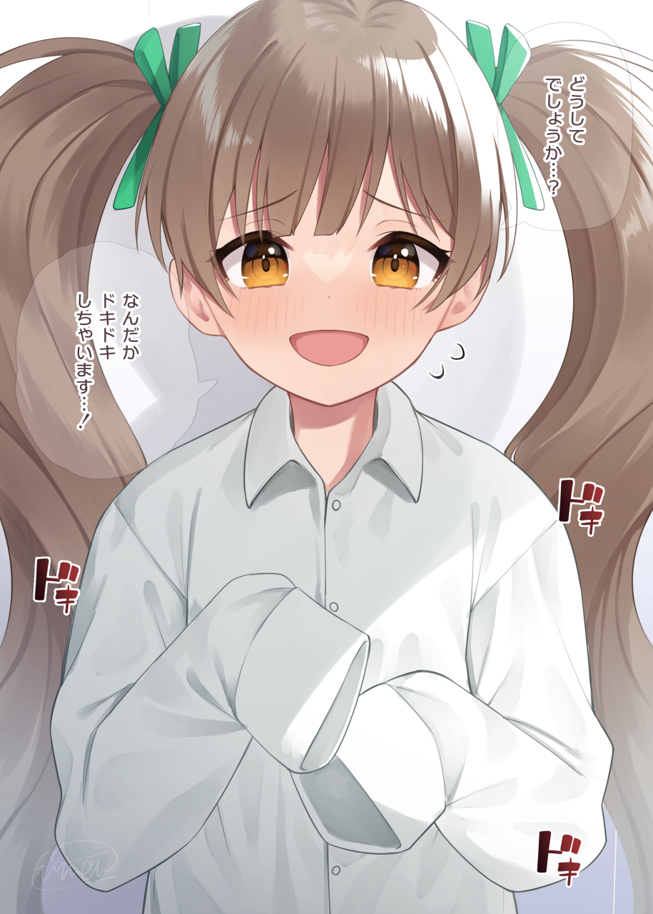 bangs binsen blush brown_hair commentary_request ears eyebrows_visible_through_hair flying_sweatdrops hair_ribbon hakozaki_serika highres idolmaster idolmaster_million_live! long_hair nervous nervous_smile oversized_clothes oversized_shirt ribbon shirt simple_background smile solo translation_request twintails upper_body very_long_sleeves white_shirt yellow_eyes