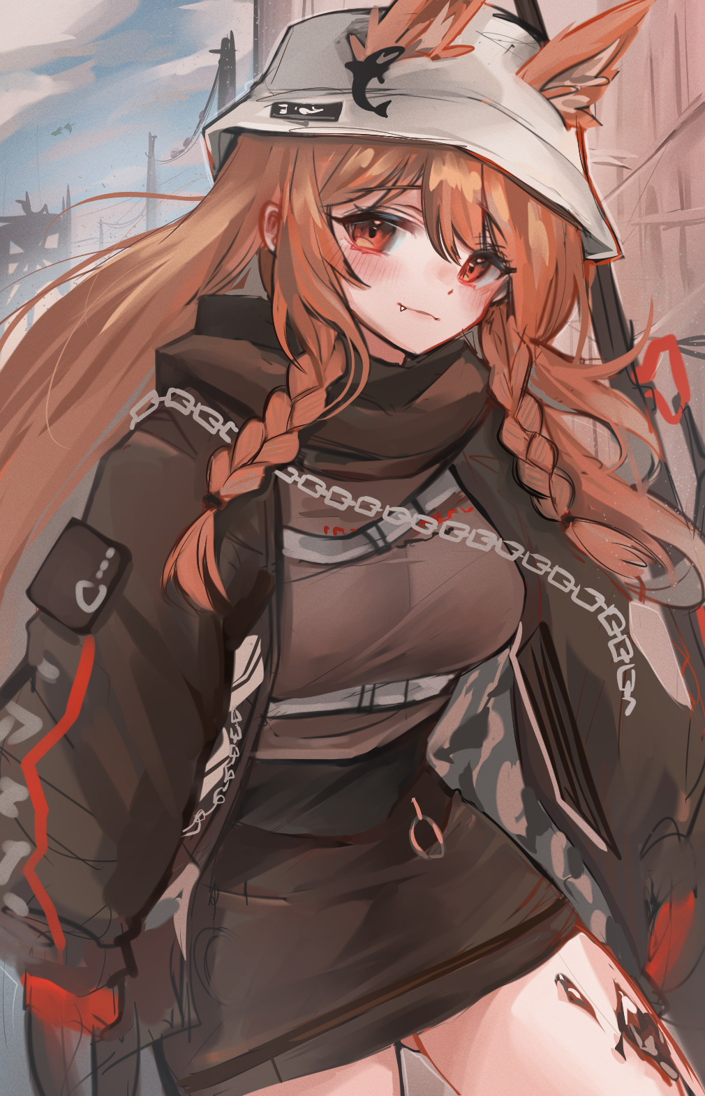 1girl animal_ear_fluff animal_ears arknights ass_visible_through_thighs bangs black_jacket black_scarf black_skirt braid breasts brown_hair brown_shirt ceobe_(arknights) ceobe_(unfettered)_(arknights) chain closed_mouth cowboy_shot day ears_through_headwear extra_ears eyebrows_visible_through_hair fang fang_out hat high-waist_skirt highres jacket kaguura_(kagu) large_breasts long_hair looking_at_viewer official_alternate_costume open_clothes open_jacket oripathy_lesion_(arknights) outdoors red_eyes scarf shirt skirt smile solo twin_braids very_long_hair white_headwear