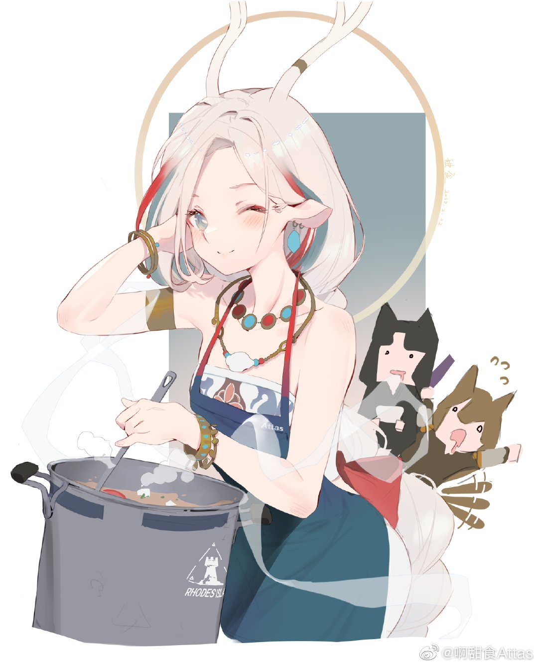 3girls ;) a_deer_of_nine_colors alternate_costume alternate_hairstyle animal_ears antlers apron arknights arm_up armlet artist_name bare_shoulders blue_eyes blue_hair blush bracelet braid ceobe_(arknights) chibi chibi_inset chinese_commentary closed_mouth collarbone commentary_request cooking cowboy_shot earrings forehead gradient gradient_background green_apron hand_in_hair highres jewelry long_hair looking_at_viewer multicolored_hair multiple_girls necklace nine-colored_deer one_eye_closed pot red_hair rhodes_island_logo saga_(arknights) silver_hair single_braid smile solo_focus streaked_hair very_long_hair weibo_username white_background