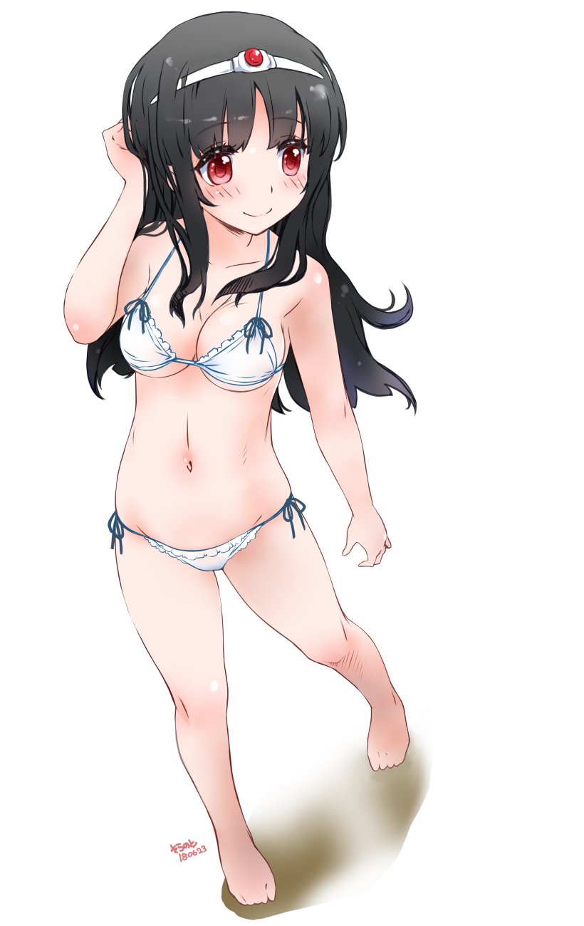 1girl barefoot black_hair blush breasts circlet cleavage closed_mouth collarbone dated druaga_no_tou full_body highres ki_(druaga) long_hair navel noto_(soranoto) red_eyes simple_background smile solo white_background