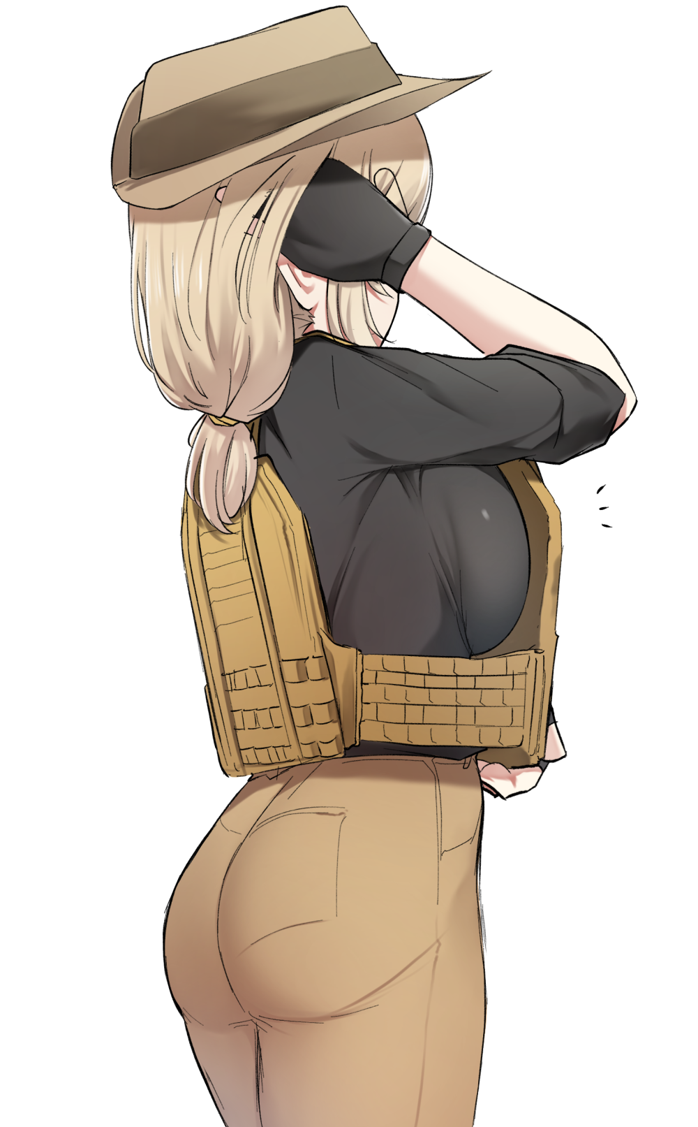 1girl ass black_shirt blonde_hair breast_press breasts english_commentary fingerless_gloves gloves hand_in_hair hat highres k0ng large_breasts long_hair looking_away low_ponytail pants plate_carrier shirt short_sleeves simple_background stalker_(game) tight tight_pants white_background