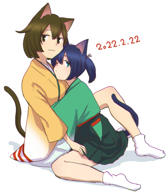 2girls :3 animal_ears blue_hair brown_eyes brown_hair cat_day cat_ears cat_tail dated hair_ribbon hiryuu_(kancolle) iwana japanese_clothes kantai_collection kimono looking_at_another looking_at_viewer multiple_girls one_eye_closed one_side_up ribbon short_hair simple_background sitting souryuu_(kancolle) tail twintails white_background white_ribbon wide_sleeves