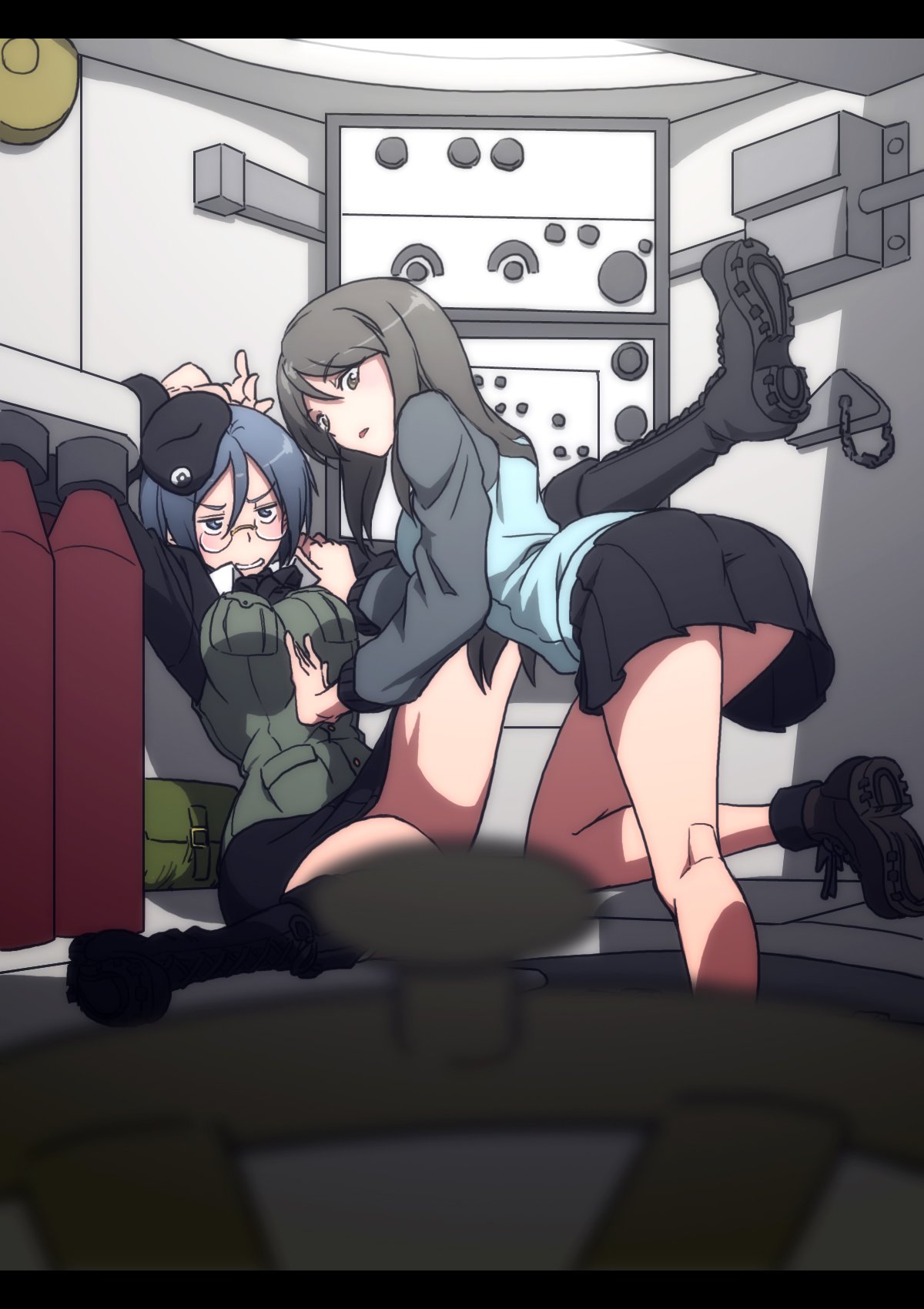 2girls ankle_boots beret black_footwear black_headwear black_jacket black_neckwear black_skirt blue_jacket boots brown_eyes cross-laced_footwear dress_shirt emblem girls_und_panzer glasses grey_eyes grey_hair hat highres imtmcomics jacket japanese_tankery_league_(emblem) keizoku_military_uniform lace-up_boots long_hair long_sleeves mika_(girls_und_panzer) military_hat multiple_girls necktie pencil_skirt pleated_skirt raglan_sleeves rimless_eyewear round_eyewear rumi_(girls_und_panzer) selection_university_military_uniform shirt short_hair skirt tank_interior track_jacket white_shirt