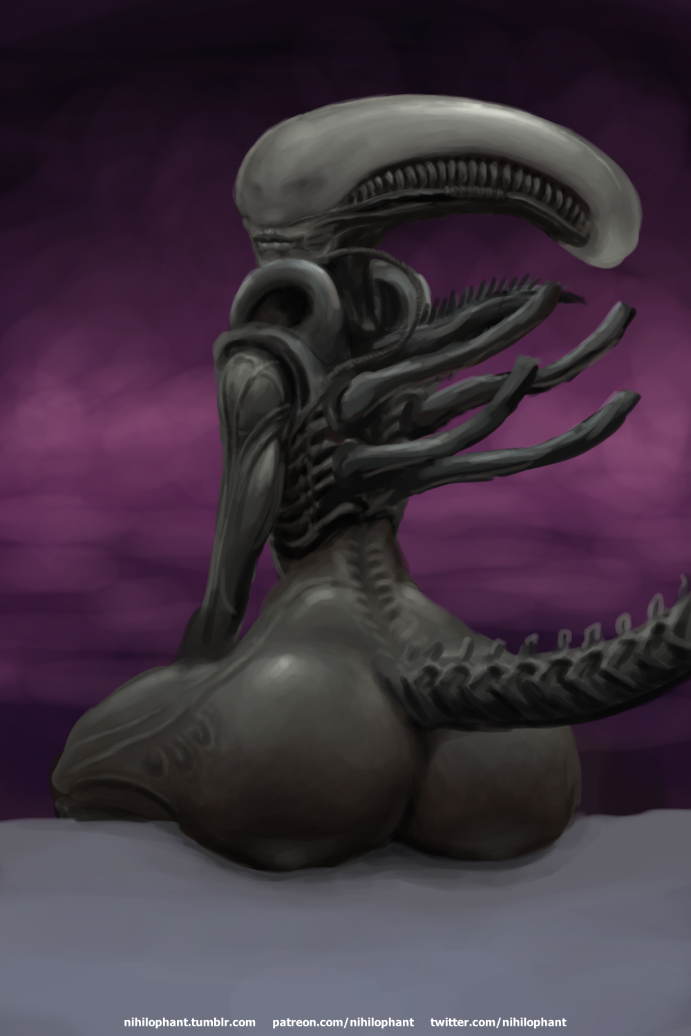 2018 2:3 alien alien_(franchise) alternate_version_at_source anthro black_body black_tail butt digital_media_(artwork) exoskeleton eyeless hi_res humanoid lips looking_at_viewer nihilophant nude presenting simple_background sitting smile solo wide_hips xenomorph xenophilia