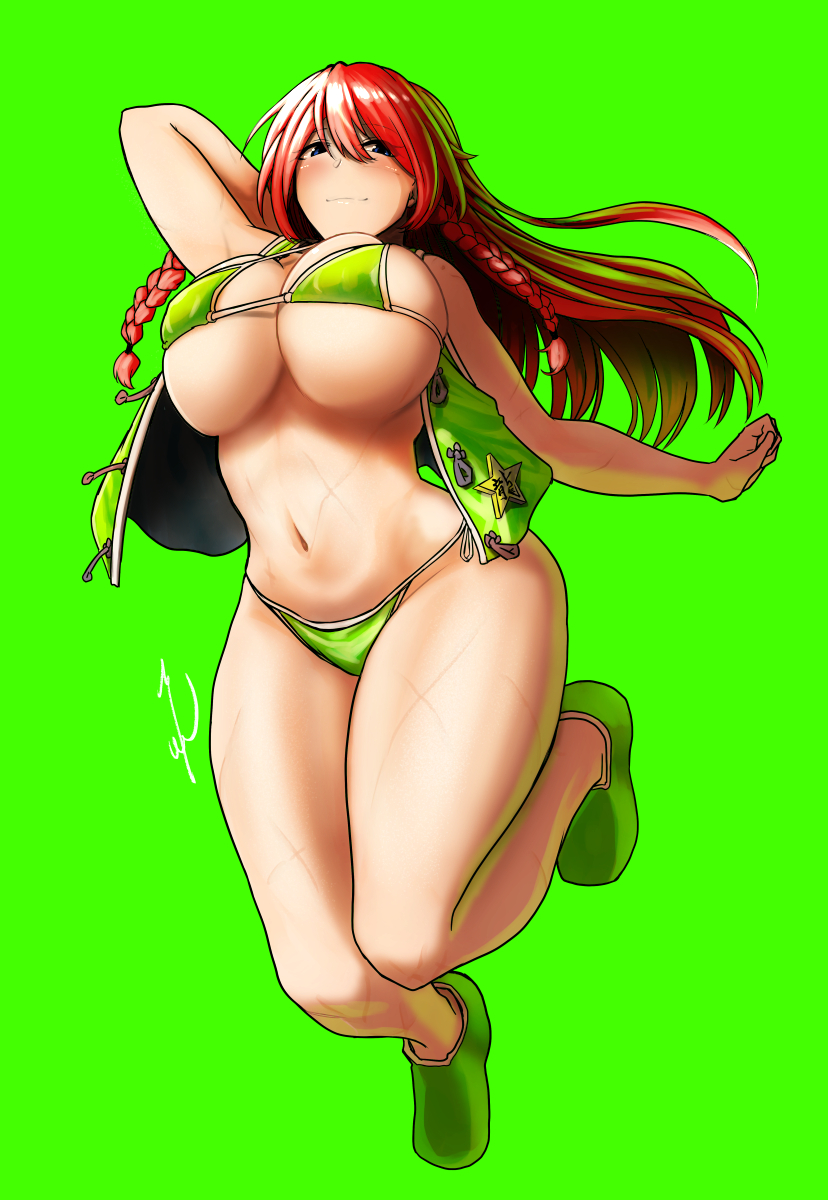 1girl arm_up bangs bikini blue_eyes blush braid breasts closed_mouth eyebrows_visible_through_hair eyes_visible_through_hair floating_breasts floating_hair full_body green_background green_footwear green_vest hair_between_eyes highres hong_meiling koyubi_(littlefinger1988) large_breasts long_hair looking_at_viewer open_clothes open_vest red_eyes red_hair scar side_braids simple_background smile solo star_(symbol) swimsuit thighs touhou twin_braids underboob very_long_hair vest