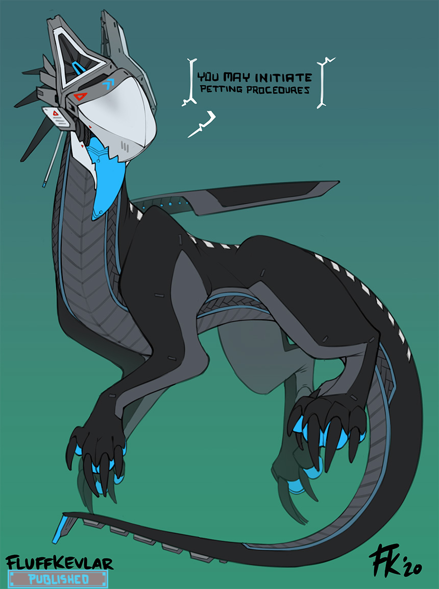 2020 android blue_tongue claws conditional_dnp dialogue eyeless fluff-kevlar gears long_claws long_tail machine male quadruped robot solo tongue vst_(fluff-kevlar)
