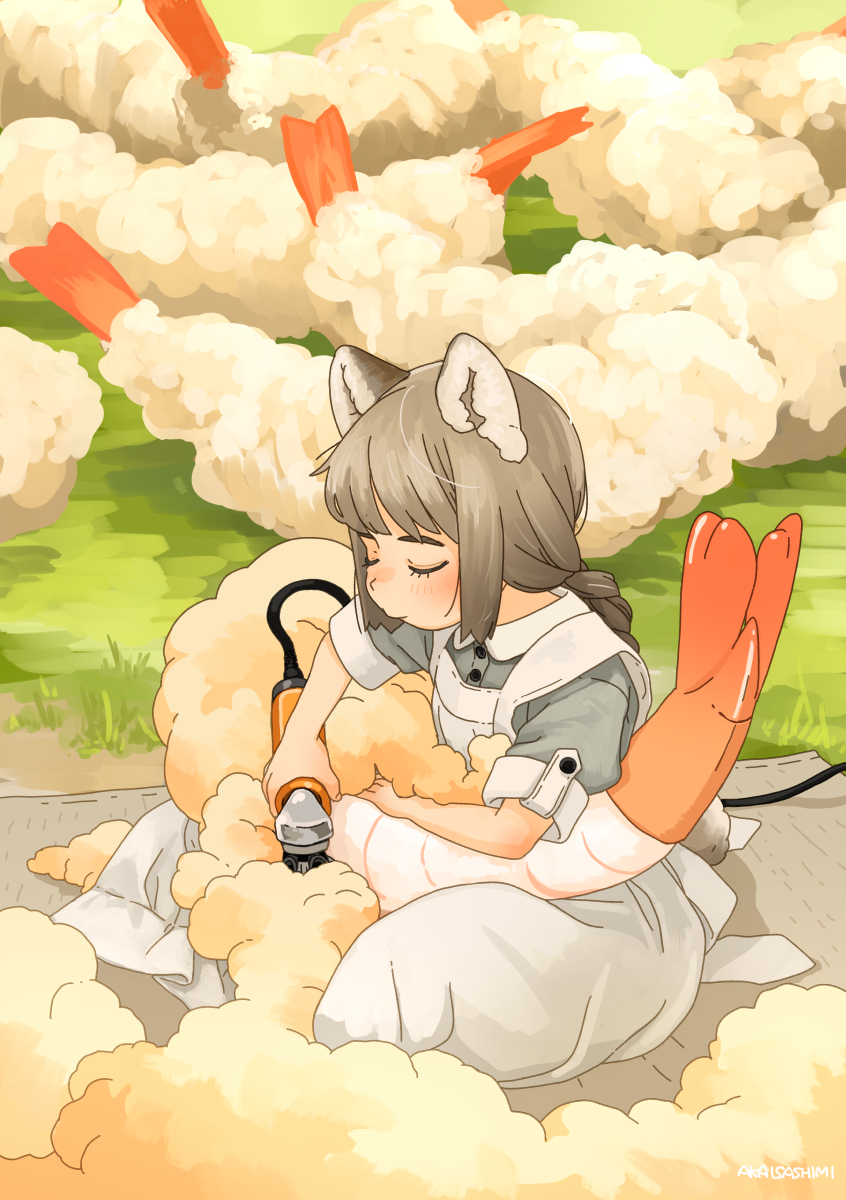 1girl akai_sashimi animal animal_ears apron arm_rest bangs blush braid braided_ponytail cable cat_ears cat_girl cat_tail closed_eyes closed_mouth collared_dress dress electric_razor eyelashes facing_to_the_side facing_viewer fluffy food from_side full_body grass grey_dress grey_hair highres holding long_hair low_braid maid_apron mat original outdoors oversized_animal oversized_food puffy_short_sleeves puffy_sleeves shaved_body shaving shearing short_sleeves shrimp shrimp_tempura signature single_braid sitting sleeve_cuffs solo tail tempura thick_eyebrows u_u what white_apron wing_collar wool