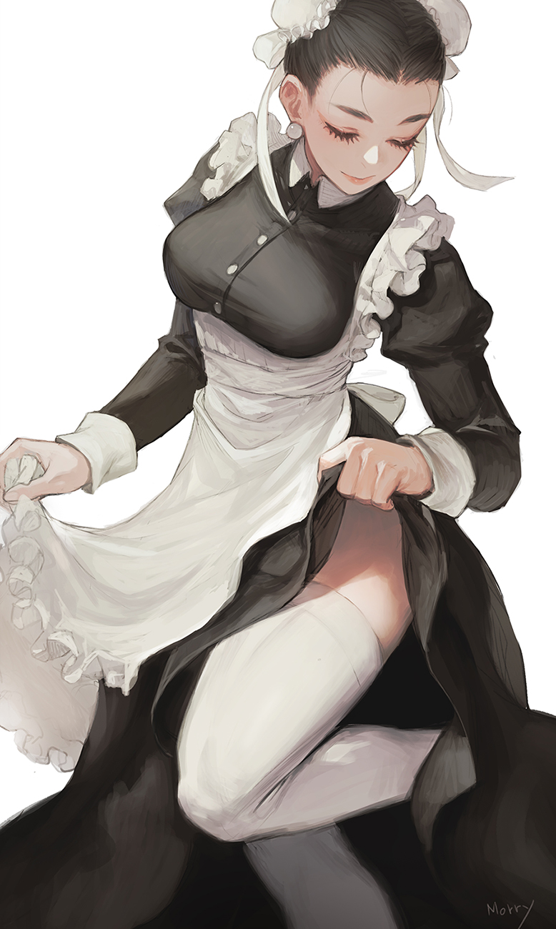 1girl apron apron_lift artist_name black_hair breasts chun-li closed_eyes closed_mouth clothes_lift collared_shirt double_bun dress earrings eyelashes frilled_apron frilled_dress frills highres jewelry large_breasts leg_up lips long_sleeves looking_down maid maid_apron maid_headdress morry pulled_by_self shirt skirt skirt_lift smile solo street_fighter thighhighs thighs white_legwear wrist_cuffs