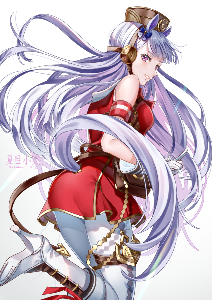 1girl animal_ears artist_name ass back bangs bare_shoulders boots breasts dress from_behind gloves gold_ship_(umamusume) grin hat high_heels horse_ears horse_tail long_hair looking_at_viewer natsume_koji purple_eyes red_dress silver_hair sleeveless sleeveless_dress smile solo tail umamusume white_gloves