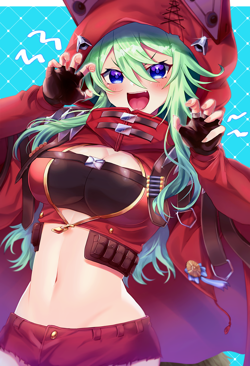 1girl :d abc03219 bangs black_bra black_gloves blue_eyes blush bra breasts cape character_request cleavage fingerless_gloves gloves green_hair groin hair_between_eyes hood hood_up hooded large_breasts long_hair looking_at_viewer midriff navel open_mouth red_cape smile solo stomach tokyo_necro underwear upper_body v-shaped_eyebrows